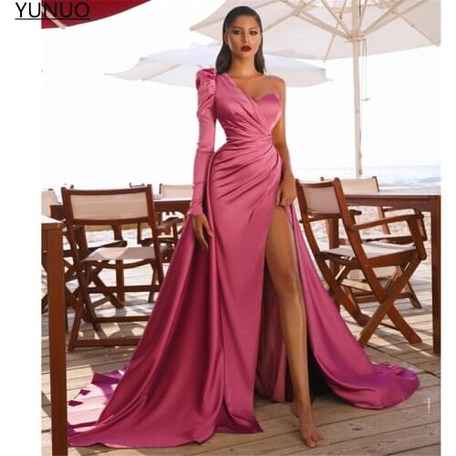 YUNUO One Shoulder Long Sleeves Evening Dress Mermaid High Side Split Pleats Elegant vestido de fiesta Prom Celebrity Dresses