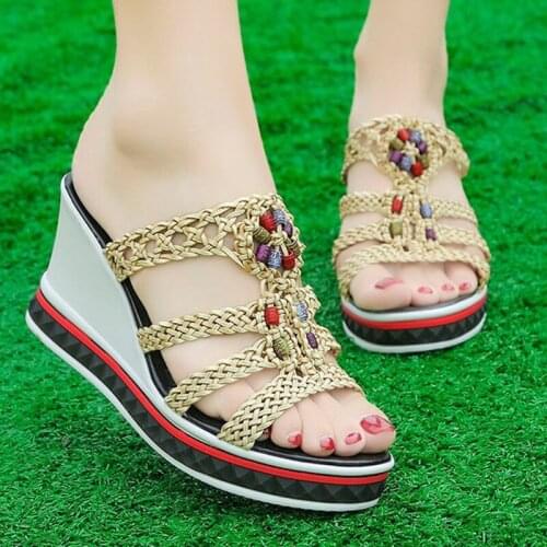 2021 New Fashion Bohemian Style Wedge Slippers Women Summer Weave Hollow Out Platform Slides Woman Open Toe Chunky Beach Shoes