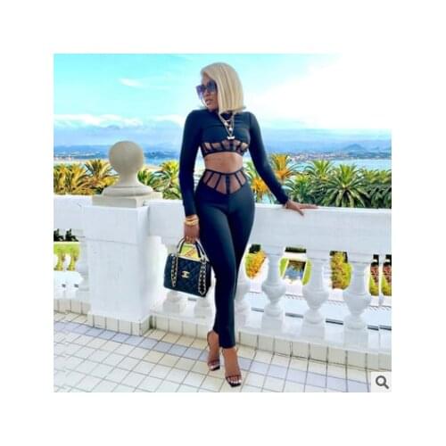 Women’s Two Piece Outfits Long Sleeve Sheer Mesh Patchwork Crop Top and Pants Set Tracksuit