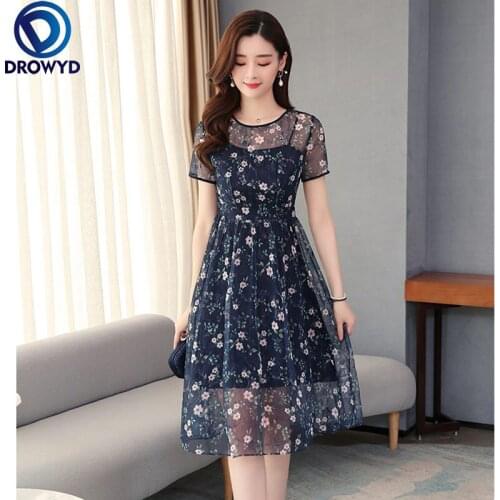 2021 Vintage Navy Blue Print Chiffon Midi Dresses Spring Summer Plus Size Mesh Runway Dress Elegant Women Bodycon Party Vestidos