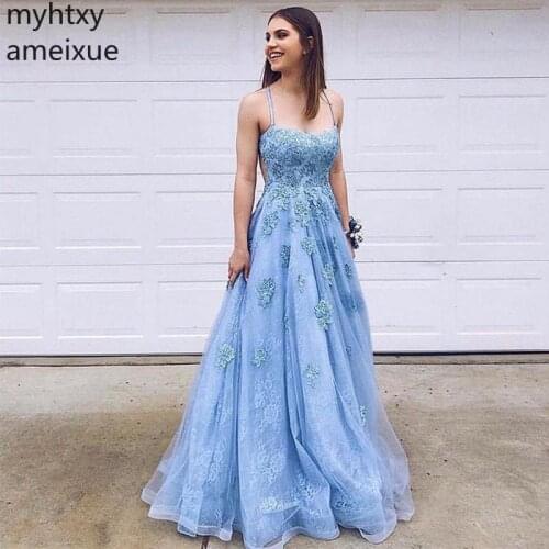 New Arrival A-line Lace Sexy Evening Dresses Halter Sky Blue Crisscross Back Long Prom Noche Party Gown Plus Size Robe De Soiree