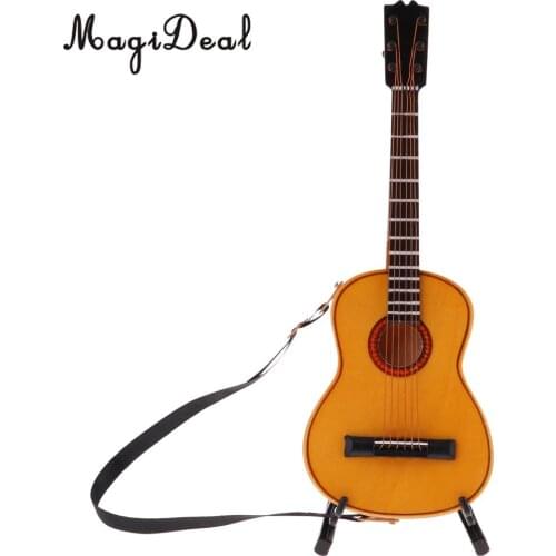 1/6 Scale Kids Musical Instrument Crafts Toys Wooden Guitar Model with Stand Dollhouse Desktop Decor Accessories