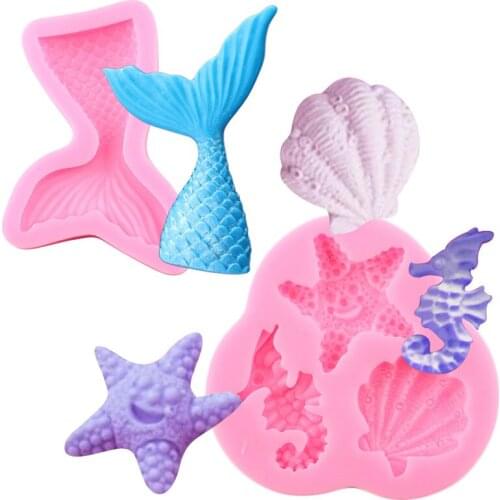 2 Pcs/Set Mermaid Fish Tail Resin Silicone Mold Shell Starfish Hippocampus Chocolate Fondant Molds Cake Decorating Tools