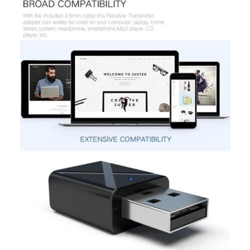 2-in-1 USB Bluetooth 5.0 Mini 3.5mm AUX Stereo Receiver FM Transmitter for Car TV PC Wireless Adapter