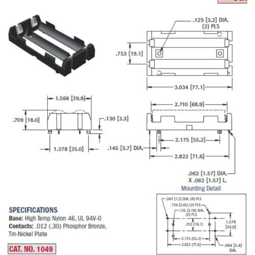 20PCS Battery box 18650 2 sections in series and parallel pin hollow 1049 plug-in battery holder battery buckle h