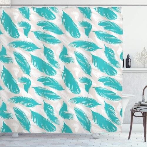 Turquoise Shower Curtain Feathers Classic Illustration Bird Quill Wings Natural Wildlife Inspired Bathroom Decor Set with Hooks