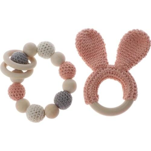 2Pcs Natural Wooden Crochet Baby Teether Teething Bracelet Ring Rattle Toy Gift Q1FE