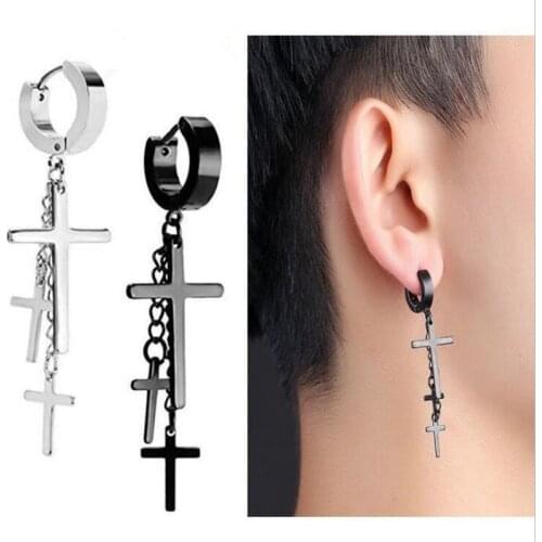 One Piece New Stainless Steel Punk Cross Earrings For Men Hip Hop Chain Link Cross Charm Hoop Earring For Women fj056