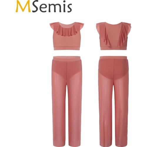 Kid Girls Ballet Dance Clothes Dance Gymnastics Costume Set Ruffle Sleeveless Crop Top Long Pants with Underwear Stage Dancewear