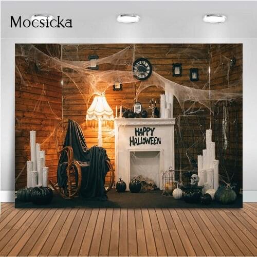 Halloween Photography Background Spider Web and White Candle Rustic Wood Wall Backdrop for Photographic Studio Props Photocall