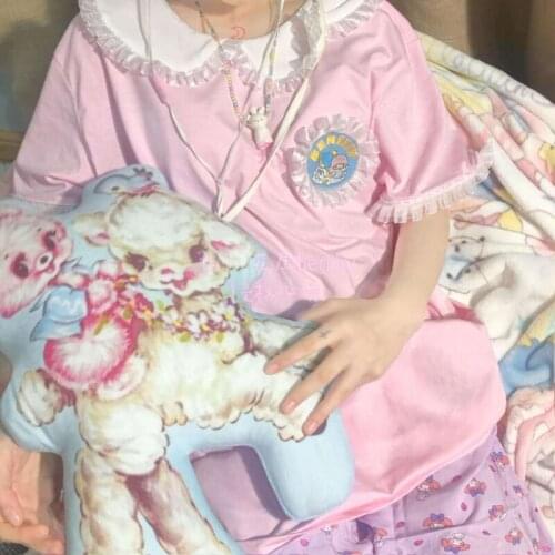 Ins Lace Super Chic Embroidery Japanese Style T Shirts Women Kawaii Clothes 2021Summer New Cartoon Tees Tops Teens Girls Tshirts