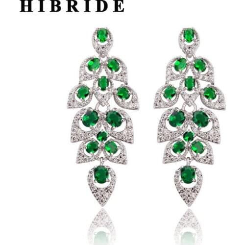 HIBRIDE Elegant New Long Leaf Green Cubic Zirconia Pendant Drop Earring For Women Jewelry White Gold Color Fashion Jewelry E-259
