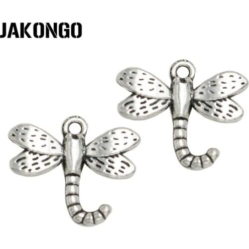 JAKONGO Antique Silver Plated Dragonfly Charms Pendant for Jewelry Making Bracelet Accessories DIY 19x22mm 15PCS/lot