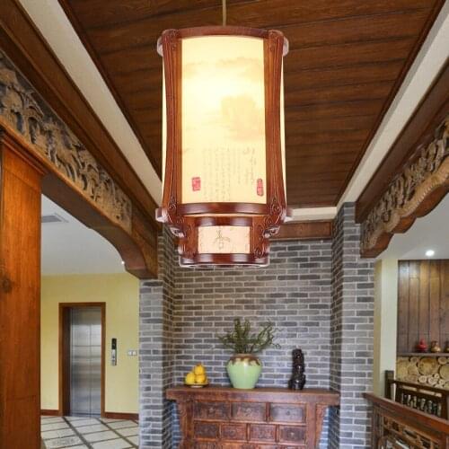 Chinese coffee wood art pendant lights Retro classical silkscreenyellow parchment indoor E27 LED lamps for corridor&porch MYR045