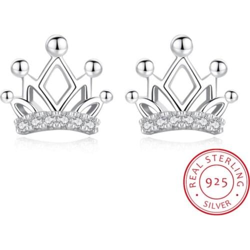 Classic Crystal Crown Princess Girl Silver Stud Earrings Jewelry Charm 925 Silver Earrings Women Party Accessories Crystal