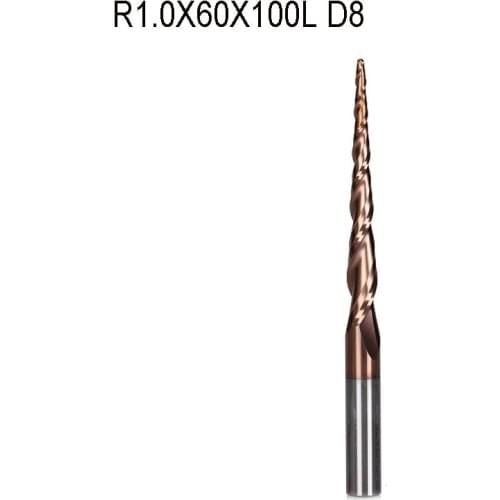 1pc R1.0*D8*60*100L*2F HRC55 Tungsten solid carbide Coated Tapered Ball Nose End Mills cone milling cutter wood knife tools