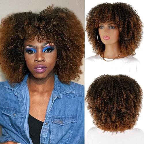 LISI HAIR 14 Inches Short Hair Afro Kinky Curly Wigs With Bangs For Black Women African Synthetic Ombre Glueless Cosplay Wigs