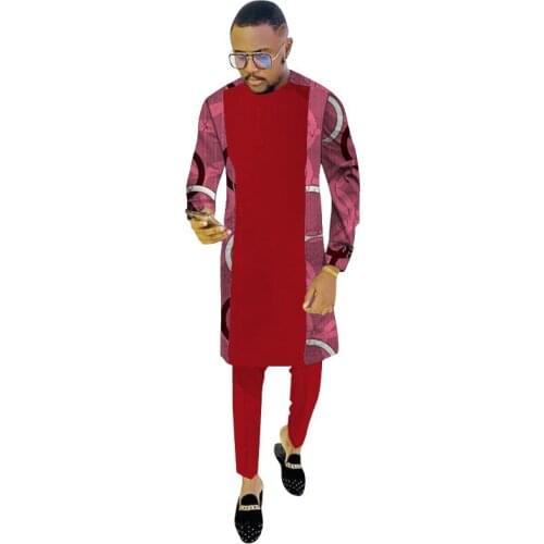 African Senator Style Mens Groom Suits Solid Patchwork Tops+Red Trousers Custom Made Man Dashiki Outfits Pant Sets For Party