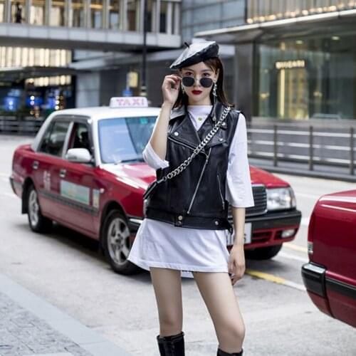 Autumn Short Harajuku Black Faux PU leather Vest Streetwear Plus size Motorcycle Biker Sleeveless Leather jacket Female Outwear