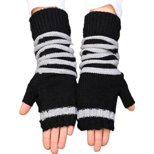 Women Winter Striped Wrist Arm Hand Warmer Knitted Long Fingerless Gloves Female Mitten Arm Warmers Fashion Half Finger Mittens