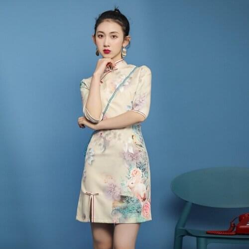 Chinese Style Cheongsam Summer New Half Sleeves Vintage Retro Young Model Split Dress Improved Short Chinese Dress Qipao 12342