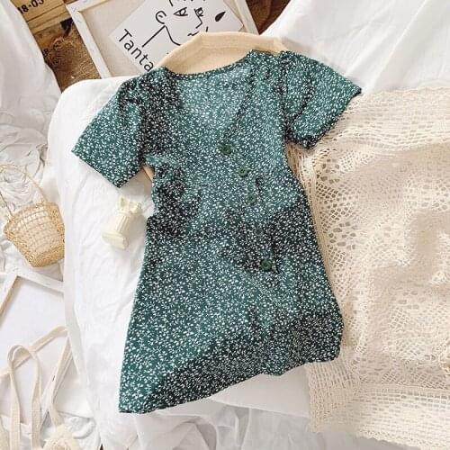 Girls V-neck Princess Dresses Summer Fashion Baby Floral Dress Kids Princess Vintage Vestidos Children Button Fly Casual Clothes