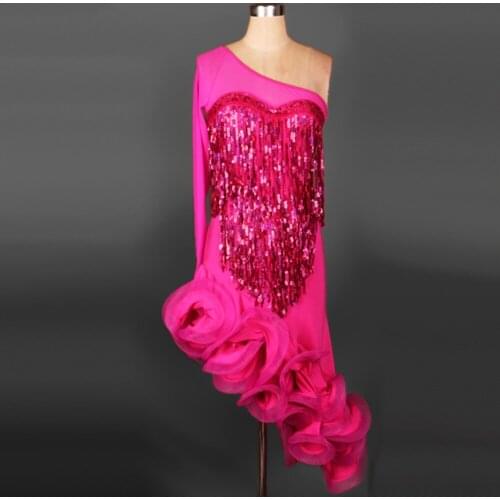 Adult/Children New Latin Competition Dress Rose Tassel Sequins Clothing For Dance Regatas Femininas Vestido De Baile Latino