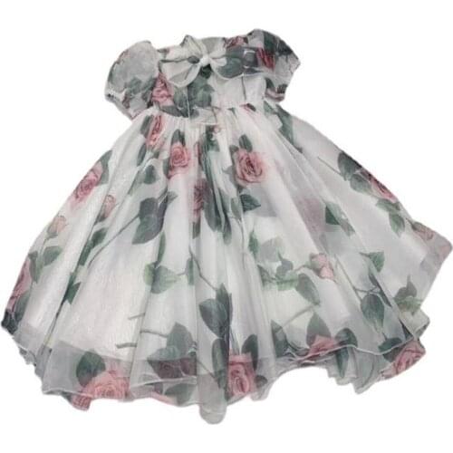 Baby girl vintage flower printed princess dress kids summer puff sleeve bow big swing a-line dress