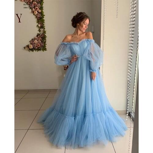 Rob De Soiree 2020 Elegant Long Sleeve Pink Evening Dress Long Charming Off the Shoulder Ruffles Formal Evening Party Gowns