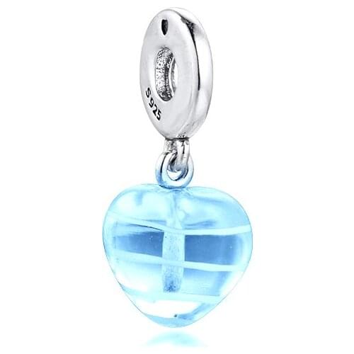 Fits For Pandora Charms Bracelets Blue Ribbon Heart Beads 100% 925 Sterling-Silver-Jewelry Free Shipping