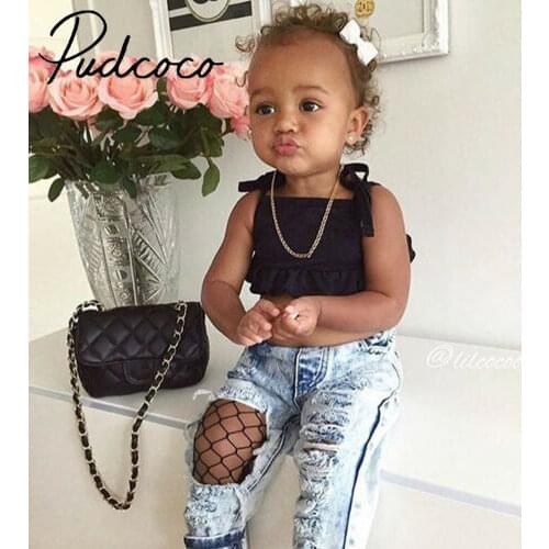 Stylish Toddler Kids Baby Girls Tracksuit Vest Shirt Strap Tops+ripped Fish Net Jeans Denim Pants Outfit Clothes Set 1-6y