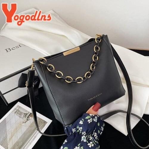 Yogodlns Fashion Chains Bucket Bag Women PU Leather Crossbody Bag Large Capacity Shoulder Bag Designer Handbag Luxury Lady Pouch