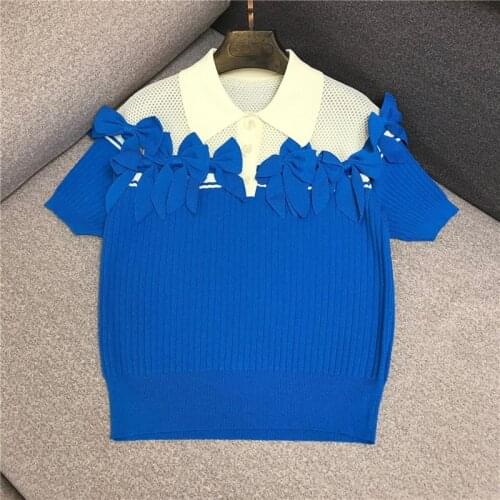 2021 summer Stitching hollow three-dimensional bow short-sleeved knitted shirt women lapel top pullover
