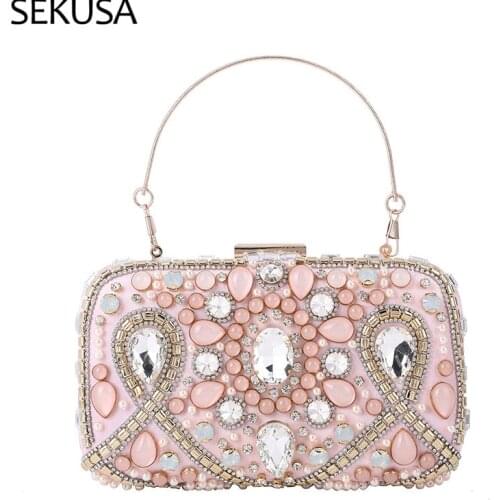 Pink Color Women Evening Bags Beaded Diamonds Luxury Party Handbags Embroidery Vintage Style Holder Purse