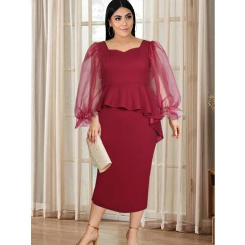 Peplum Dress Women Long Flare See Through Sleeve Bodycon Office Lady Dinner Evening Party Midi Dresses Plus Size 4XL 5XL 2021