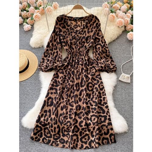 Vintage Women Leopard Dress Spring Autumn V-Neck Puff Long Sleeve A-Line Casual Vestidos Female Elegant Party Robe 2021 Fashion