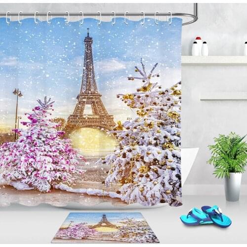 Winter Snow Christmas Tree Bathroom Shower Curtain Paris France Eiffel Tower Romantic Christmas Decoration Bath Curtain Doormat