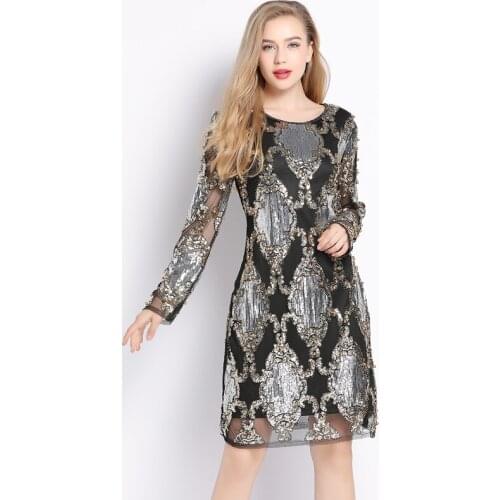2018 Luxury Designer Women Sexy See-Though Mesh Vintage Shift Dress Long Sleeve Beaded Diamond Embroidery Sequin Party Dress