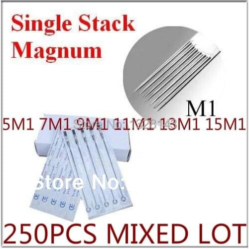 250PCS Disposable Tattoo Needles Single Stack Magnum Needles MIXED ASSORTED 5M1,7M1,9M1,11M1,13M1,15M1 for tattoo tips grip