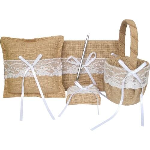 4Pcs/set Burlap Hessian Lace Wedding Guest Book& Pen Set &Ring Pillow &Flower Basket &Garter Decoration Bridal Product Supplies