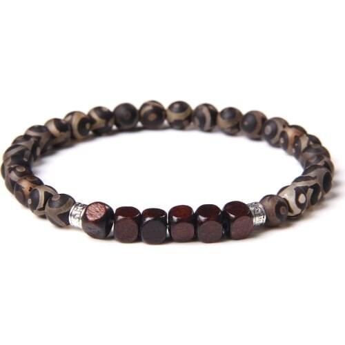6 mm Tibetan Dzi Agat Stone Beads Bracelets For Couples Buddha Sqaure Wood Charm Bracelet Men Elastic Jewelry Women Pulsera
