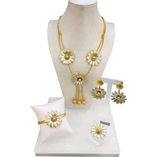 African Nigerian Wedding Bridal Big Flower Jewelry Sets Dubai Gold Color Beads Necklace Bracelet Earrings Ring Set Italian Gold