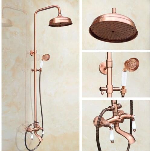 Antique Red Copper Brass Dual Ceramic Handles Bathroom 8 Inch Round Rain Shower Faucet Set Tub Mixer Tap Hand Shower mrg574