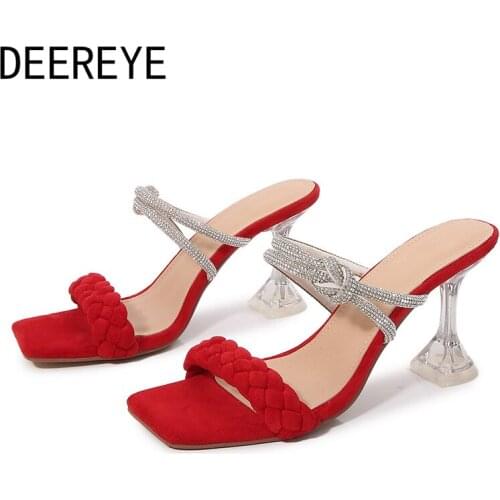 Shiny Rhinestone Weave Women High Heel Ladies And Mules Transparent Wine Glass Square Toe Slip On Sandals Dress Shoe Size 36-41