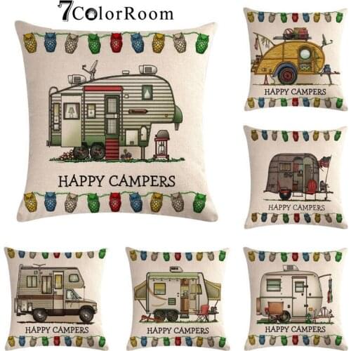 Happy Campers Car Cushion Cover Cotton Linen Square Throw Pillow Case For Sofa Home Decorative Pillowcase for 18 x 18 Inch