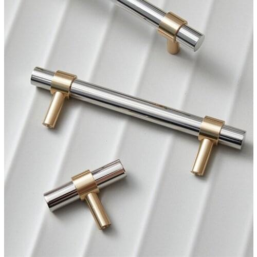 Long 304SS Brass Furniture Handle and Knob Mirror-polished T-bar Cabinet Hardware Handles Drawer Pull Bedroom Silver Knob