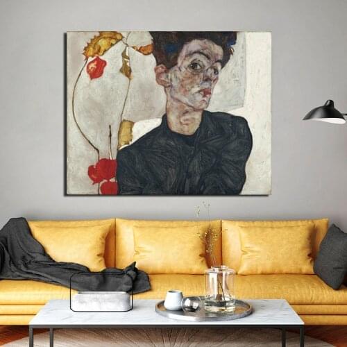 Egon Schiele Self Portrait With Chinese Lantern Plant Canvas Painting Print Living Room Home Decor Modern Wall Art Oil Painting
