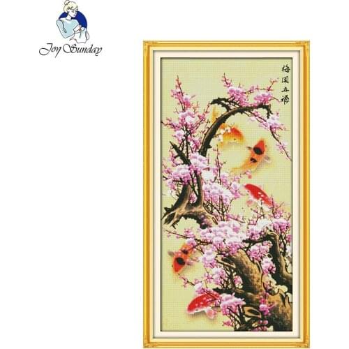 Joy Sunday Blooming Plum Flower with 5 Fishes Stamped Counted Cross Stitch Sets for Embroidery Home Decoration Needlework