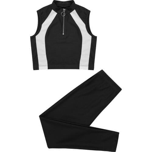 2Pcs Sport Outfits Running Suit Kids Girls Gymnastics Clothes Front Zipper Cropped Gym Top Fitness High Waist Leggings Pants Set