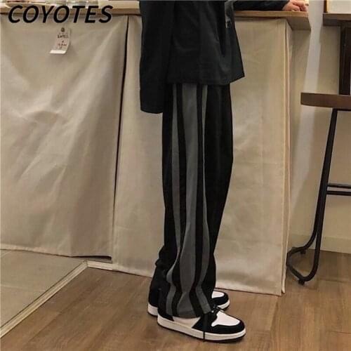 COYOTES Womens Pants Black Side Striped Straight Trousers Women High Waist Wide Leg Pant Harajuku Korean Thin Casual Loose